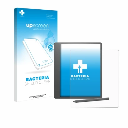 Front side of a product packaging with the brand logo upscreen. Next to it is the device Amazon Kindle Scribe 2024 shown with 