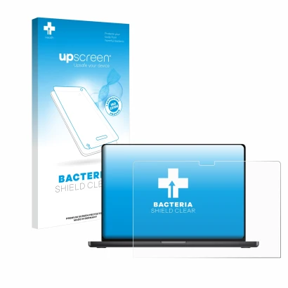 Front side of a product packaging with the brand logo upscreen. Next to it is the device Apple MacBook Pro 16