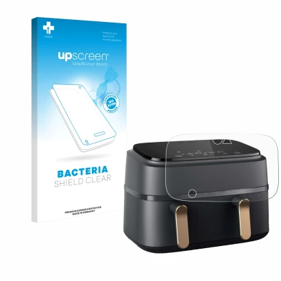 Front side of a product packaging with the brand logo upscreen. Next to it is the device Philips Airfryer NA352/00 shown with 