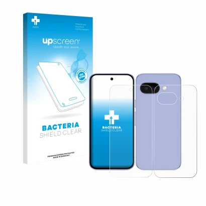 Front side of a product packaging with the brand logo upscreen. Next to it is the device Google Pixel 9a (Front+Back) shown wi