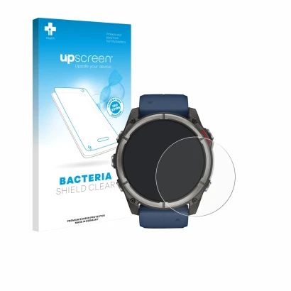 Front side of a product packaging with the brand logo upscreen. Next to it is the device Garmin quatix 8 (51 mm) shown with th