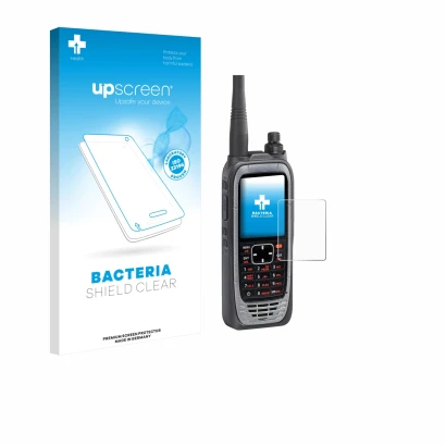 Front side of a product packaging with the brand logo upscreen. Next to it is the device Icom IC-A25NE /IC-A25CE shown with th