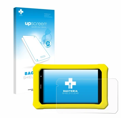 Front side of a product packaging with the brand logo upscreen. Next to it is the device Clementoni Clempad 8" PRO shown with