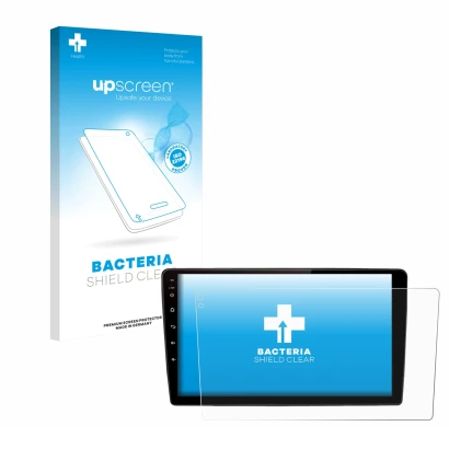 Front side of a product packaging with the brand logo upscreen. Next to it is the device Junsun V2 Plus 9" shown with the corr