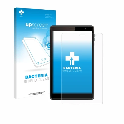 Front side of a product packaging with the brand logo upscreen. Next to it is the device Logicom Tab 80 8" shown with the corr