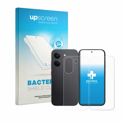 Front side of a product packaging with the brand logo upscreen. Next to it is the device Xiaomi Poco X8 Pro (Front+Back) shown