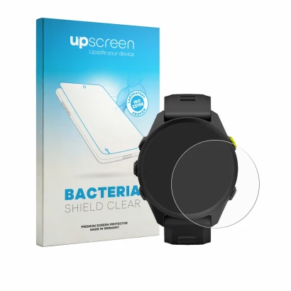 Front side of a product packaging with the brand logo upscreen. Next to it is the device Garmin Forerunner 70 shown with the c