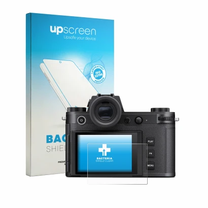 Front side of a product packaging with the brand logo upscreen. Next to it is the device Leica SL3-P shown with the correspond
