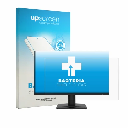 Front side of a product packaging with the brand logo upscreen. Next to it is the device MSI PRO MP243 shown with the correspo