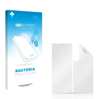 Front side of a product packaging with the brand logo upscreen. Next to it is the corresponding screen protector.