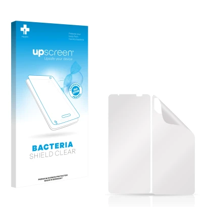 Front side of a product packaging with the brand logo upscreen. Next to it is the corresponding screen protector.