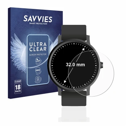 Front side of a product packaging with the brand logo Savvies. Next to it is the device Watches (Circular, ø: 32 mm) shown wit