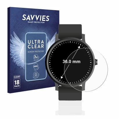 Front side of a product packaging with the brand logo Savvies. Next to it is the device Watches (Circular, ø: 36 mm) shown wit