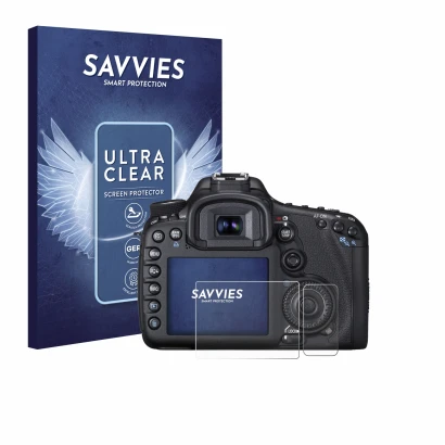 Front side of a product packaging with the brand logo Savvies. Next to it is the device Canon EOS 7D shown with the correspond
