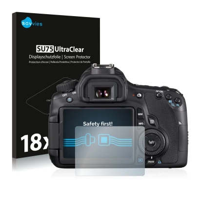 Front side of a product packaging with the brand logo Savvies. Next to it is the device Canon EOS 60D shown with the correspon