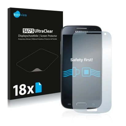 Front side of a product packaging with the brand logo Savvies. Next to it is the device Samsung Galaxy S4 Mini LTE (4G) I9195 