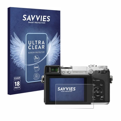 Front side of a product packaging with the brand logo Savvies. Next to it is the device Panasonic Lumix DMC-GX7 shown with the