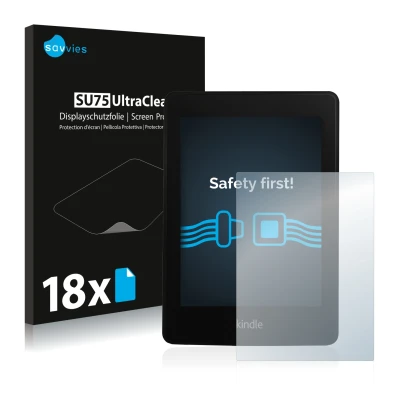 Front side of a product packaging with the brand logo Savvies. Next to it is the device Amazon Kindle Paperwhite 2013 shown wi