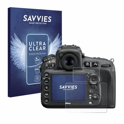 Front side of a product packaging with the brand logo Savvies. Next to it is the device Nikon D810 shown with the correspondin