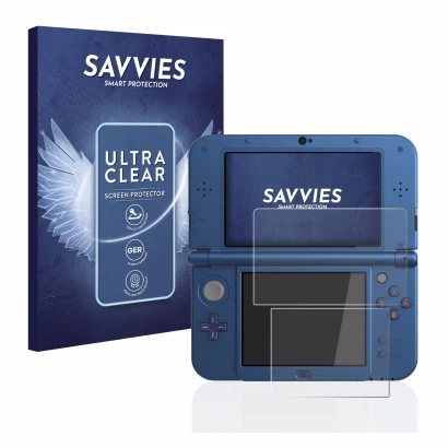 Front side of a product packaging with the brand logo Savvies. Next to it is the device Nintendo New 3DS XL shown with the cor