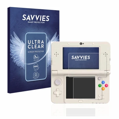 Front side of a product packaging with the brand logo Savvies. Next to it is the device Nintendo New 3DS shown with the corres