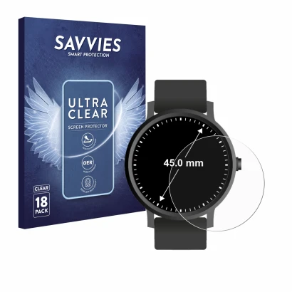 Front side of a product packaging with the brand logo Savvies. Next to it is the device Watches (Circular, ø: 45 mm) shown wit