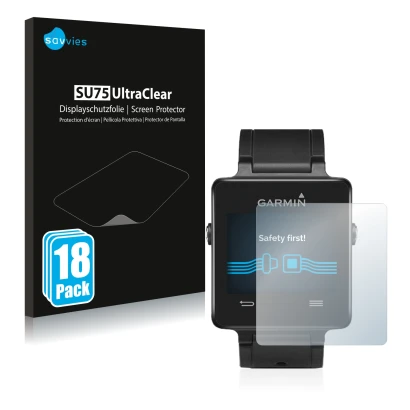 Front side of a product packaging with the brand logo Savvies. Next to it is the device Garmin vivoactive shown with the corre