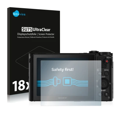 Front side of a product packaging with the brand logo Savvies. Next to it is the device Sony Cyber-Shot DSC-HX90V shown with t