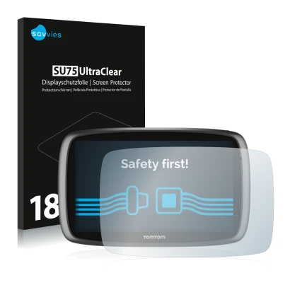 Front side of a product packaging with the brand logo Savvies. Next to it is the device TomTom GO 6100 shown with the correspo