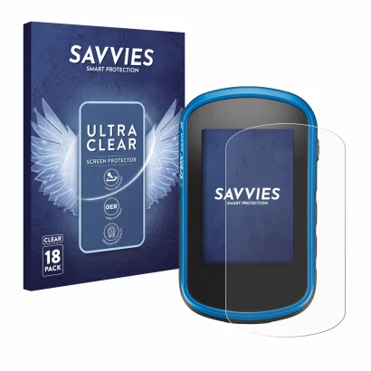 Front side of a product packaging with the brand logo Savvies. Next to it is the device Garmin eTrex Touch 35 shown with the c