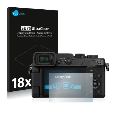 Front side of a product packaging with the brand logo Savvies. Next to it is the device Panasonic Lumix DMC-GX8 shown with the