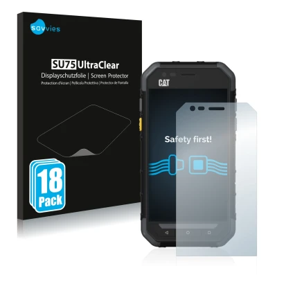 Front side of a product packaging with the brand logo Savvies. Next to it is the device Caterpillar Cat S30 shown with the cor