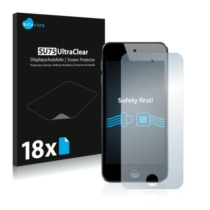 Front side of a product packaging with the brand logo Savvies. Next to it is the device Apple iPod Touch (6th. Gen.) shown wit