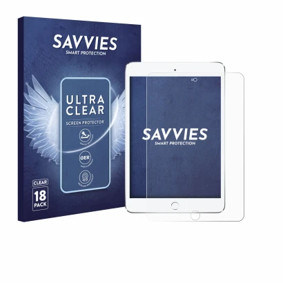 Front side of a product packaging with the brand logo Savvies. Next to it is the device Apple iPad Mini 4 2015 shown with the 