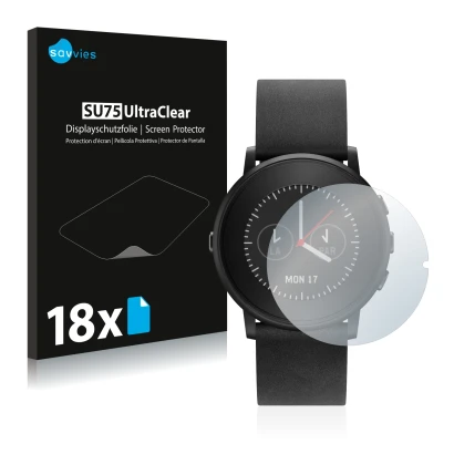 Front side of a product packaging with the brand logo Savvies. Next to it is the device Pebble Time Round shown with the corre