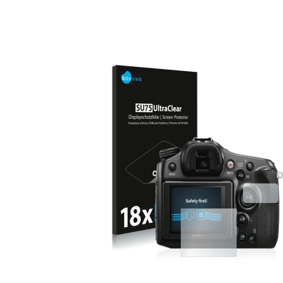Front side of a product packaging with the brand logo Savvies. Next to it is the device Sony Alpha 68 shown with the correspon