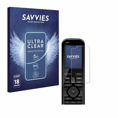 Front side of a product packaging with the brand logo Savvies. Next to it is the device Logitech Harmony 950 shown with the co