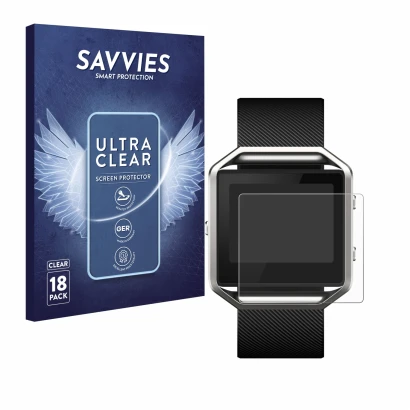 Front side of a product packaging with the brand logo Savvies. Next to it is the device Fitbit Blaze shown with the correspond