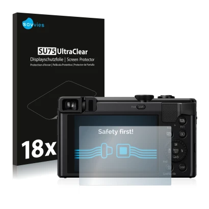 Front side of a product packaging with the brand logo Savvies. Next to it is the device Panasonic Lumix DMC-TZ81 shown with th