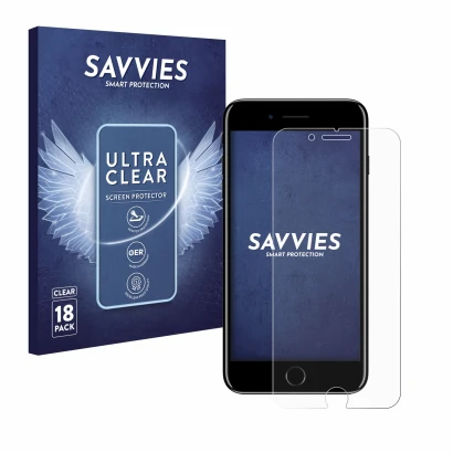 Front side of a product packaging with the brand logo Savvies. Next to it is the device Apple iPhone 7 Plus shown with the cor