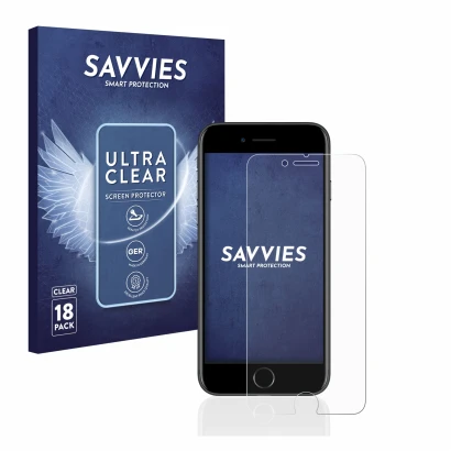 Front side of a product packaging with the brand logo Savvies. Next to it is the device Apple iPhone 7 shown with the correspo