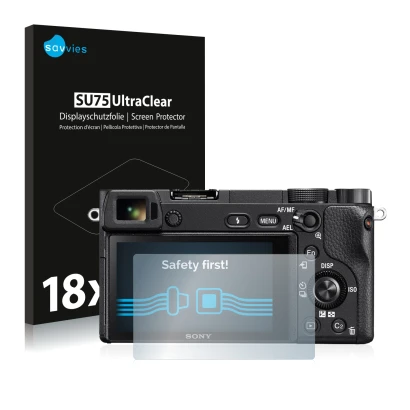 Front side of a product packaging with the brand logo Savvies. Next to it is the device Sony Alpha 6300 shown with the corresp