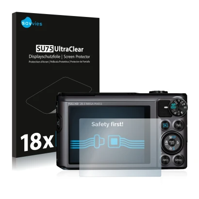 Front side of a product packaging with the brand logo Savvies. Next to it is the device Canon PowerShot SX720 HS shown with th