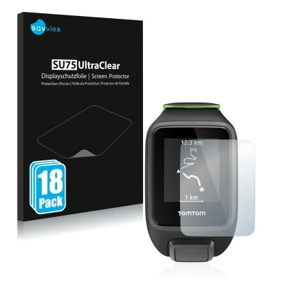 Front side of a product packaging with the brand logo Savvies. Next to it is the device TomTom Runner 3 shown with the corresp