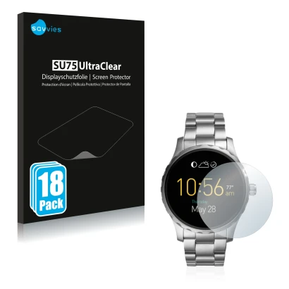 Front side of a product packaging with the brand logo Savvies. Next to it is the device Fossil Q Marshal (2.Gen) shown with th