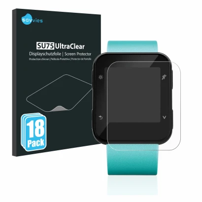 Front side of a product packaging with the brand logo Savvies. Next to it is the device Garmin Forerunner 35 shown with the co