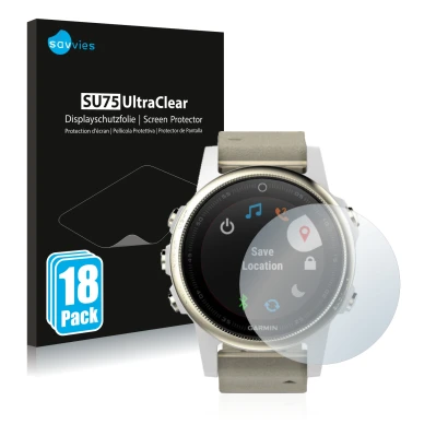 Front side of a product packaging with the brand logo Savvies. Next to it is the device Garmin Fenix 5S (42 mm) shown with the