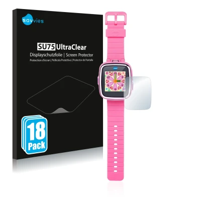 Front side of a product packaging with the brand logo Savvies. Next to it is the device Vtech Kidizoom Smart Watch DX shown wi