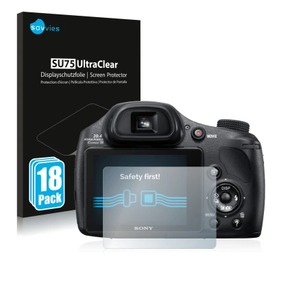 Front side of a product packaging with the brand logo Savvies. Next to it is the device Sony Cyber-Shot DSC-HX350 shown with t