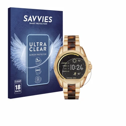 Front side of a product packaging with the brand logo Savvies. Next to it is the device Michael Kors Access Bradshaw shown wit